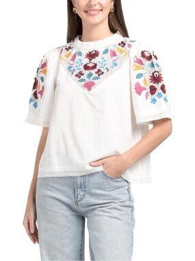 Jennifer & Grace White Linen Embroidered Floral Boho Blouse Top XL